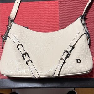 Danier Ivory Pebble Leather Shoulder Bag with Buckle Accents